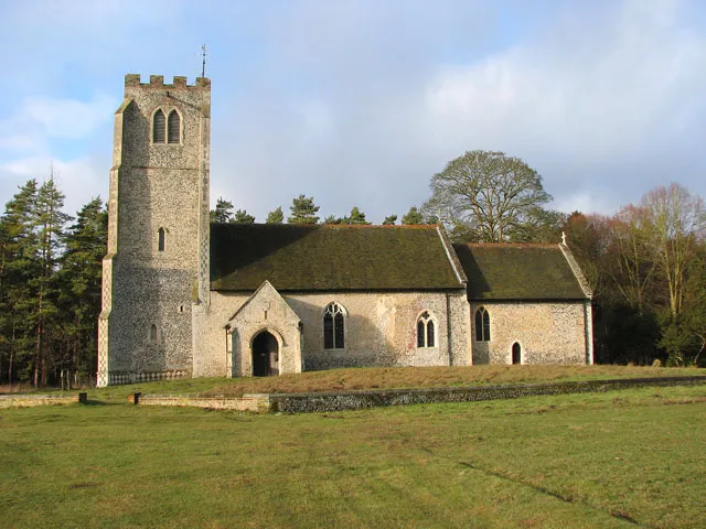 The church of All Saints. All Saints' church was built during the 13th century with its tower added a century later. The church was extensively restored in Victorian times but has retained a number of mediaeval survivals such as the octagonal font > 1709381 and stained glass > 1709370 from the 15th century Norwich School. There are also a few figure brasses, one depicting a priest in mass vestments > 1709374. What appears to be medieval panels have been incorporated into the C20 reredos > 1709341. The church has been redundant for the past three decades and is in the care of the Churches Conservation Trust. West Harling, a village in the Thet valley, was deserted in the first half of the 18th century. Originally part of a cluster of settlements which all had the name 'Herlinga' in 1086, three of these had become known as West Harling (with its church of All Saints'), Middle Harling (with St Andrew's church) and Harling Thorpe. Middle Harling became part of West Harling parish in 1543. With a new Lord of the Manor, Richard Gipps, the fate of the until then fairly prosperous villages changed: Gipps bought all the houses except for one small cottage and so had reduced the number of dwellings. Gipps' heirs closed the old road, and the foundations of the demolished church in Middle Harling were uprooted to build up a marshy ground. All Saints church today stands isolated, the Hall built by Gipps was demolished in 1931 and conifer plantations cover much of his estate. What remains is a bust in the church https://www.geograph.org.uk/photo/1709354 placed there by his great-nephew.