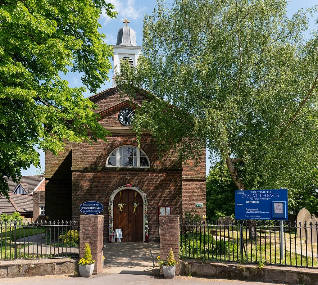 View of St Matthew's Church, Haslington, from the opposite side of Crewe Road