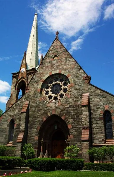 An exterior view of First Reformed Church of Schenectady, built in 1950, on the corner of Church and Union Streets. This is the front door, facing Union Street.