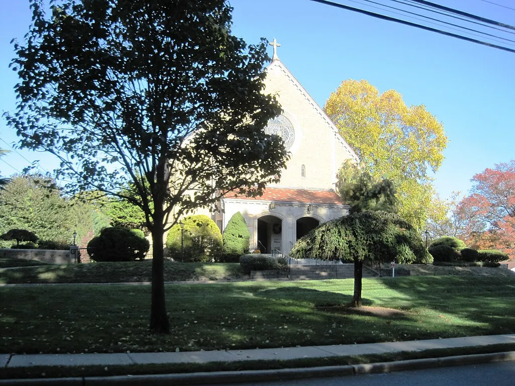 Photo of St. Luke's Roman Catholic Church in Ho-Ho-Kus, New Jersey. Photo taken from County Route 502/CR 507 (Franklin Turnpike) looking east-northeast.