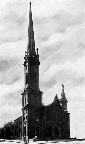Tenth Presbyterian Church in Philadelphia at its current location at 17th and Spruce. The spires, built of pine, were removed in 1912 because of structural damage.