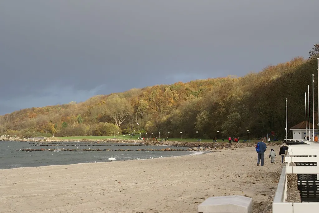 The autumn beach with some trees in the background. A storm is coming.