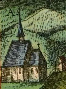 Kostel Všech svatých na vedutě Brna z roku 1617 na rytině Joris Hoefnagela.