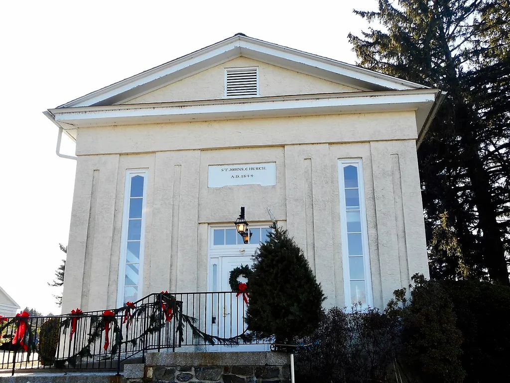 Front of St. John's Episcopal Church, Concord Township, Delaware County, Pennsylvania. Church founded 1702, this building built 1844 according to datestone on front