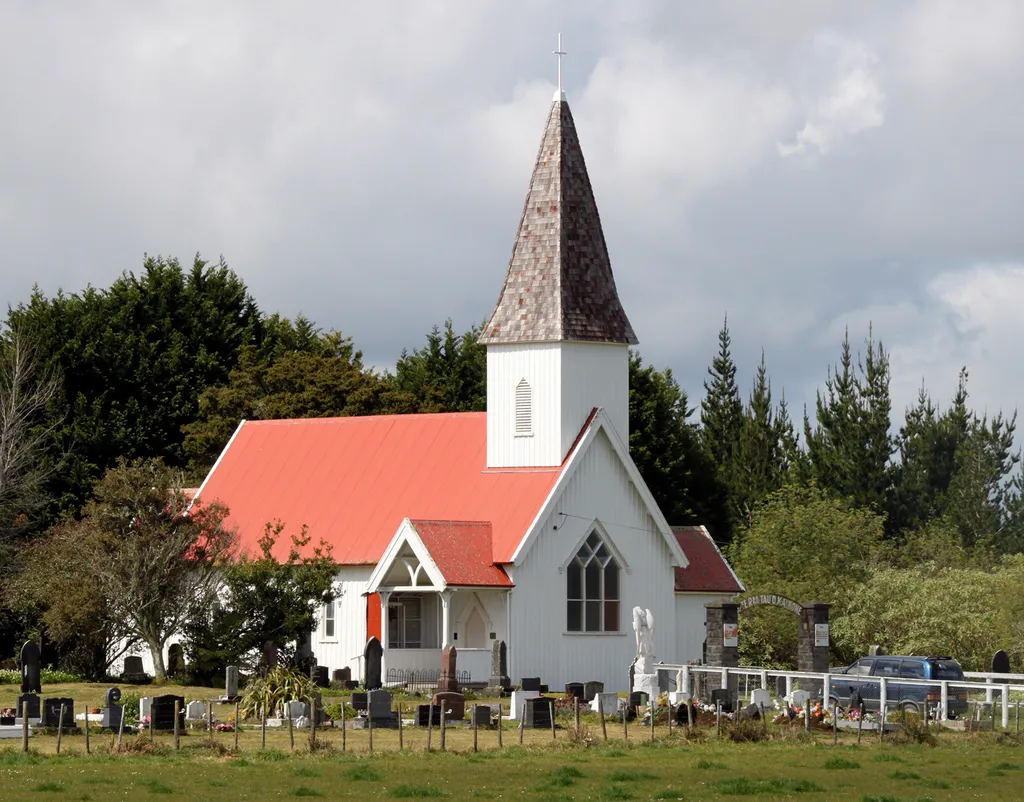 The Aperahama Church near Kaikohe in New Zealand, named after Aperahama Te Awa, a prominent Maori churchman who died the year before this building was constructed in 1885, and lies buried in the churchyard.