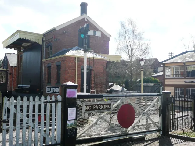Coleford railway museum (4) A former crossing gate, not in its original location, marks the entrance to Coleford railway museum. No parking refers to the area to the right which is now a car park.