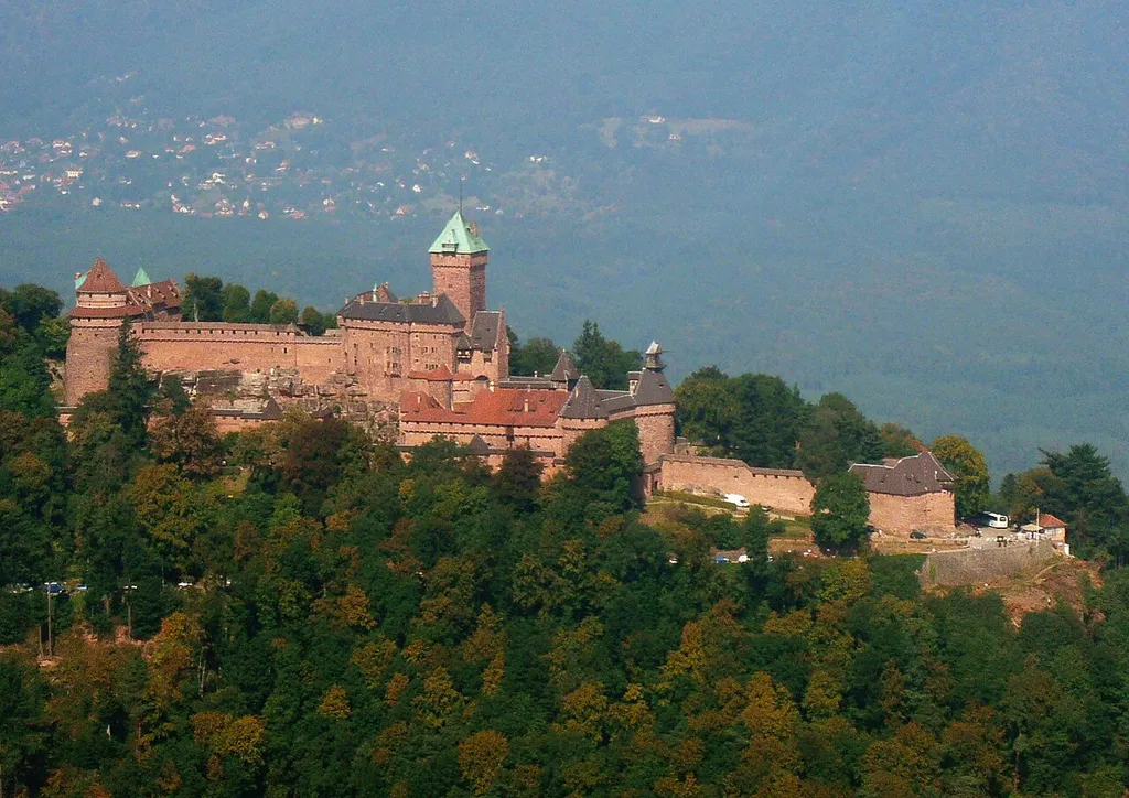 Aerial view of the Haut-Koenigsburg castle, Alsace, France; in the background, La Vancelle.