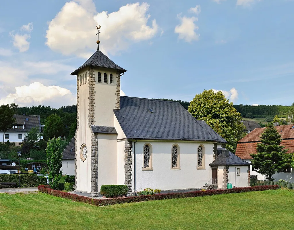Stitching of the Catholic Church „St. Maria von der Immerwährenden Hilfe“ (German for ‚St. Mary of the perpetual help‘) in Helminghausen, Marsberg, North Rhine-Westphalia, Germany.