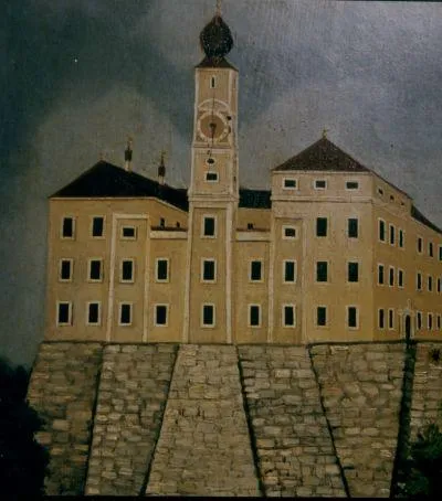 Schloss Helfenberg bei Velburg in der Oberpfalz. Ausschnitt aus einem Altarbild von Georg Asam in der Pfarrkirche von Lengenfeld.