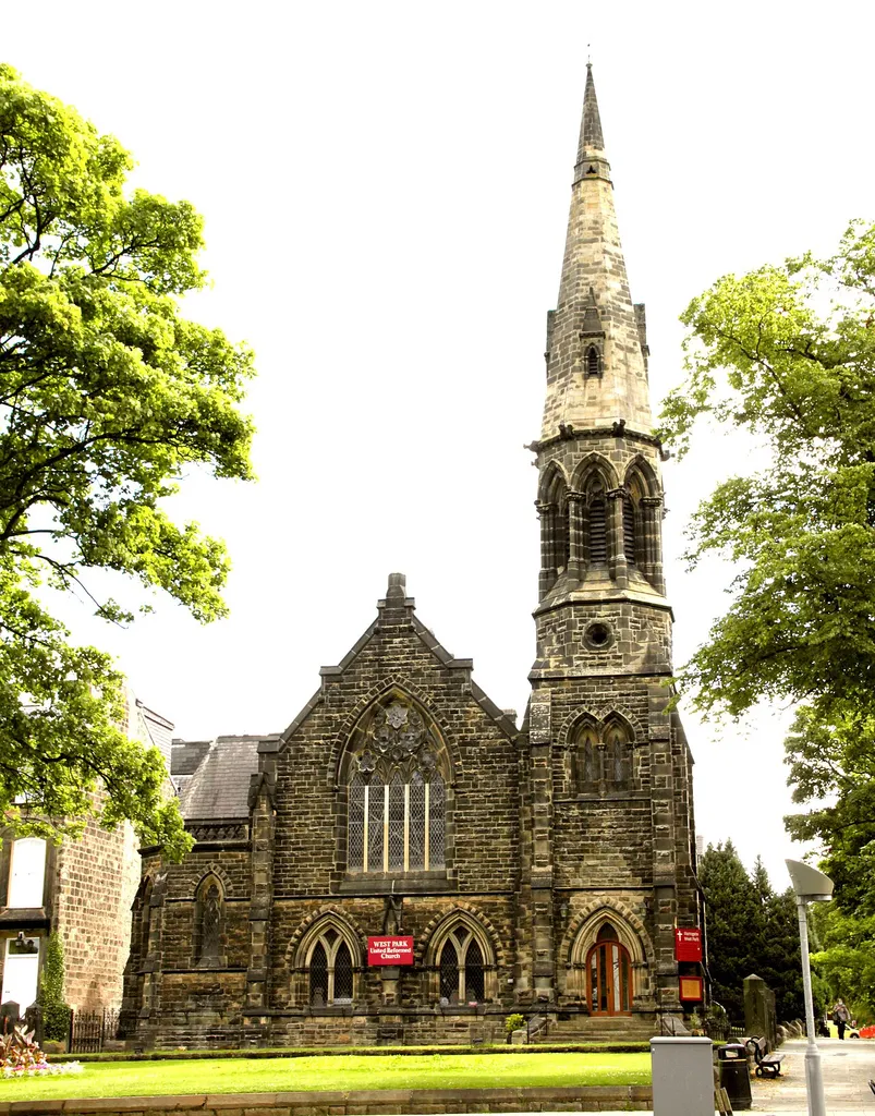 West Park United Reformed Church, Harrogate, England. The building was designed as West Park Congregational Church by Lockwood and Mawson, and completed in 1861-1862. Showing the west elevation of the building viewed from the Stray, across West Park Street.