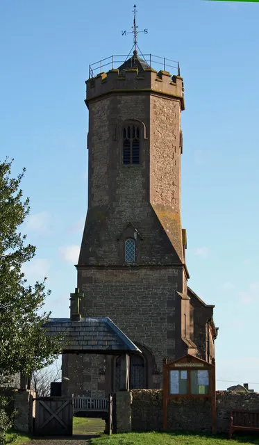 Lychgate and west tower of St Michael's parish church, Cardeston, Shropshire, seen from the west