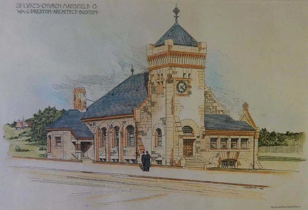 Hand-colored architectural drawing of St. Luke's Lutheran Church in Mansfield, Ohio, as it appeared in American Architect and Building News