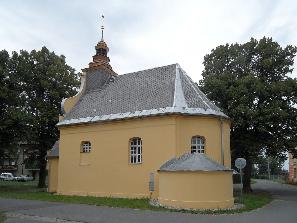 Velká Kraš: Church of Saint Florian: View from South. Jeseník District, the Czech Republic.