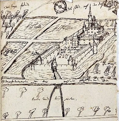 Zeichnung der Burg Marientraut bei Hanhofen, gefertigt von Landgraf Moritz von Hessen-Kassel