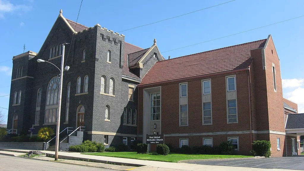 Front of First United Methodist Church, located at 244 S. Broadway in Salem, Ohio, United States. Built in 1910, it is listed on the National Register of Historic Places.