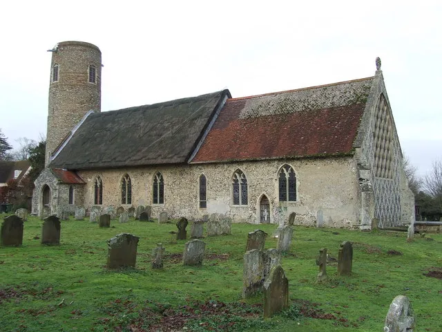 The Church of the Holy Trinity in Barsham, Suffolk, England. The medieval church is a Grade I listed building.