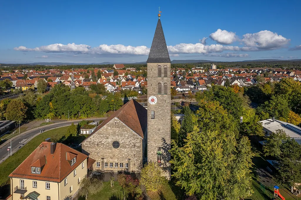 Protestant Church of the Resurrection in Bamberg, aerial view.