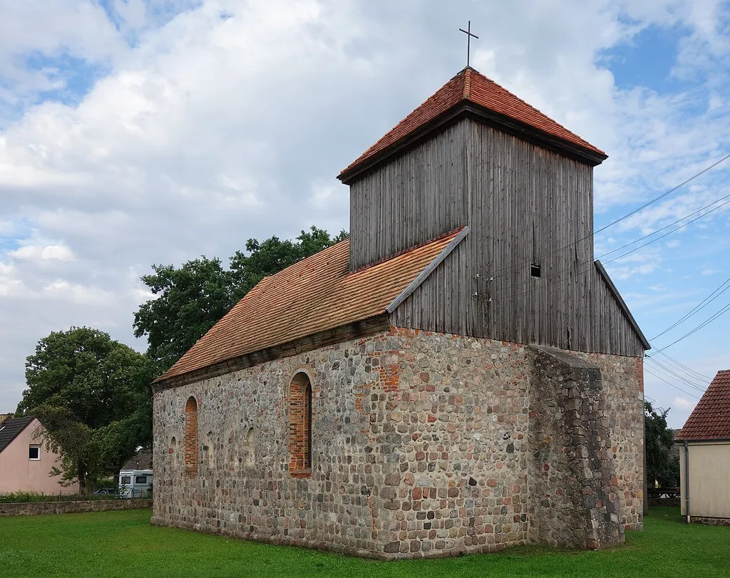 North-western view of church in Beenz showing the buttress on the western wall, Lychen municipality, Uckermark district, Brandenburg state, Germany