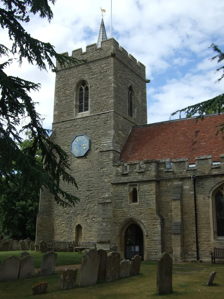 West tower and south porch of St James' parish church, Biddenham, Bedfordshire, seen from south-southeast