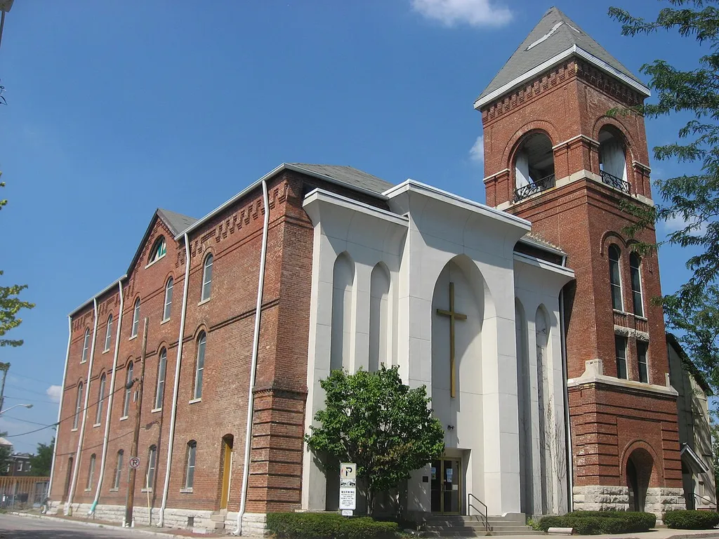 Front and western side of Bethel A.M.E. Church, located at 414 W. Vermont Street in Indianapolis, Indiana, United States. Built in 1869, it is listed on the National Register of Historic Places.
