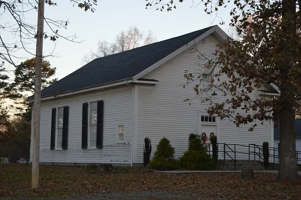Front and western side of Griers Presbyterian Church, located on Griers Church Road northeast of Hightowers in Caswell County, North Carolina, United States. Built in 1856, it is listed on the National Register of Historic Places.