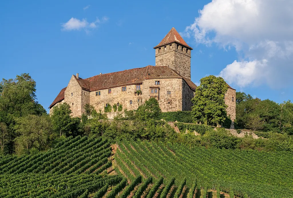 Lichtenberg Castle near Oberstenfeld (Ludwigsburg district, Germany) is one of the best preserved castles from the Staufer period. View from the vineyards from west-southwest.