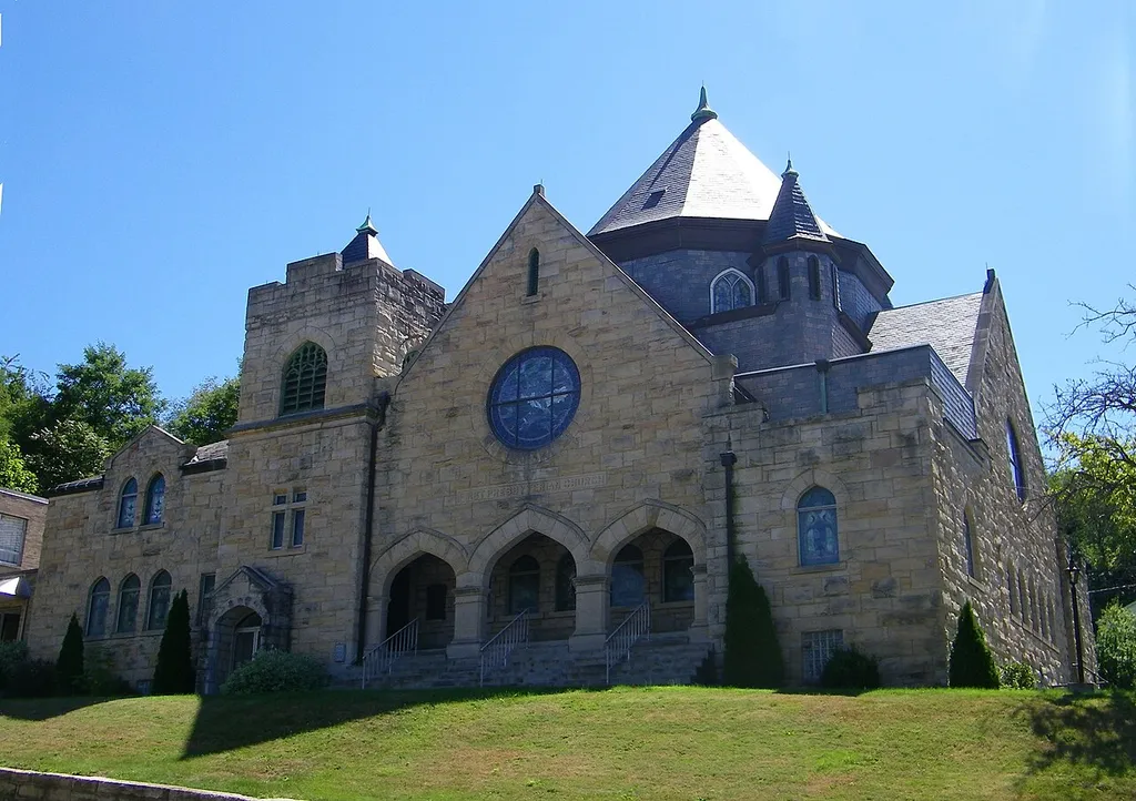 A rather remarkable lantern church in Apollo, PA - unusual for its late date (1906) and application to a Gothic Revival. Impressive perched on and well adapted to its hillside site. J C Fulton, prolific church architect from Uniontown, PA