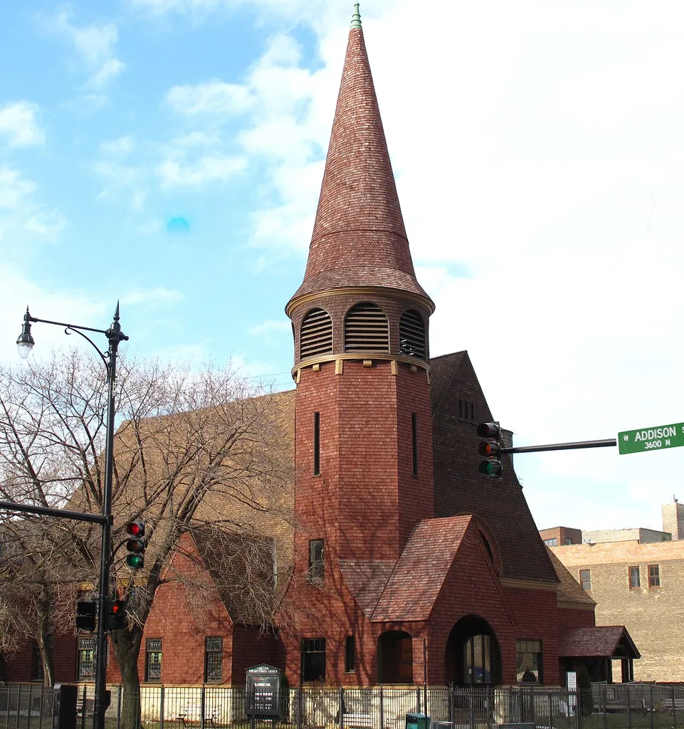 Lake View Presbyterian Church, 716 West Addison Street, Chicago, IL 60613. See its history at [1] John Welbourne Root was the architect. Completed in 1888