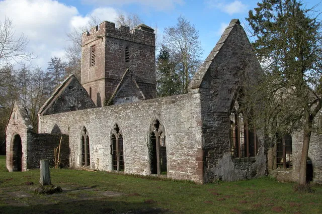 Ruined church at Llanwarne, Herefordshire, abandoned in 1864 due to constant flooding from nearby Gamber Brook.