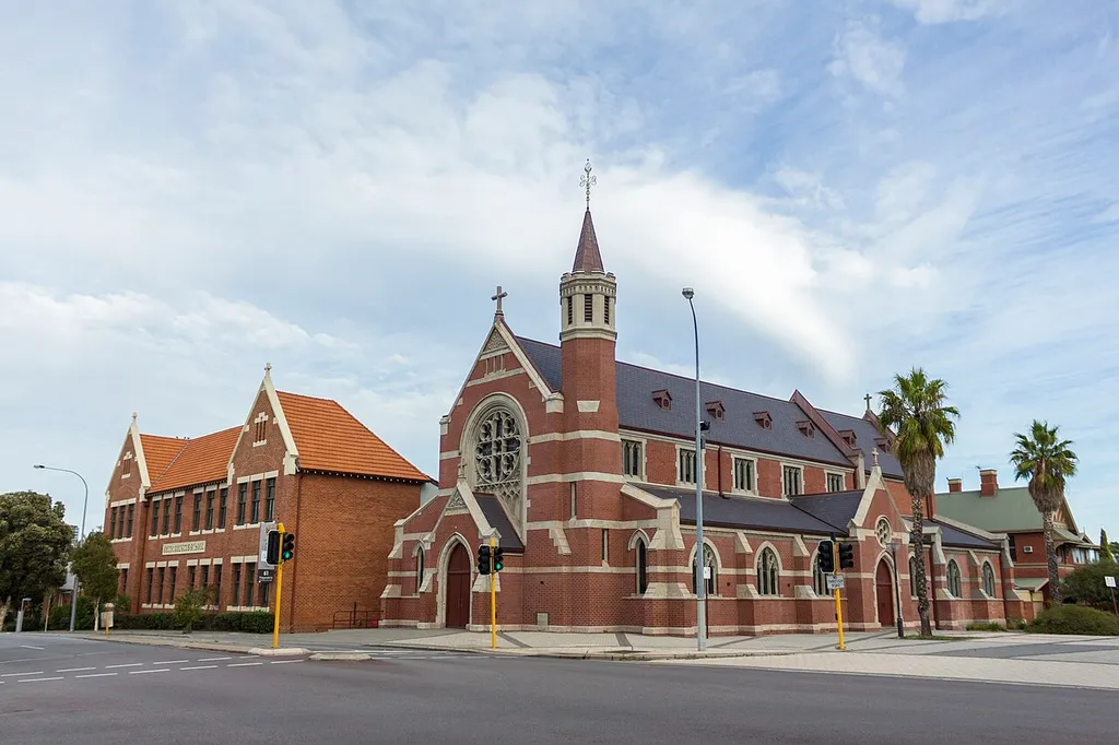 St Brigid's Church in Northbridge, Western Australia with the old St Brigid's School in the background.