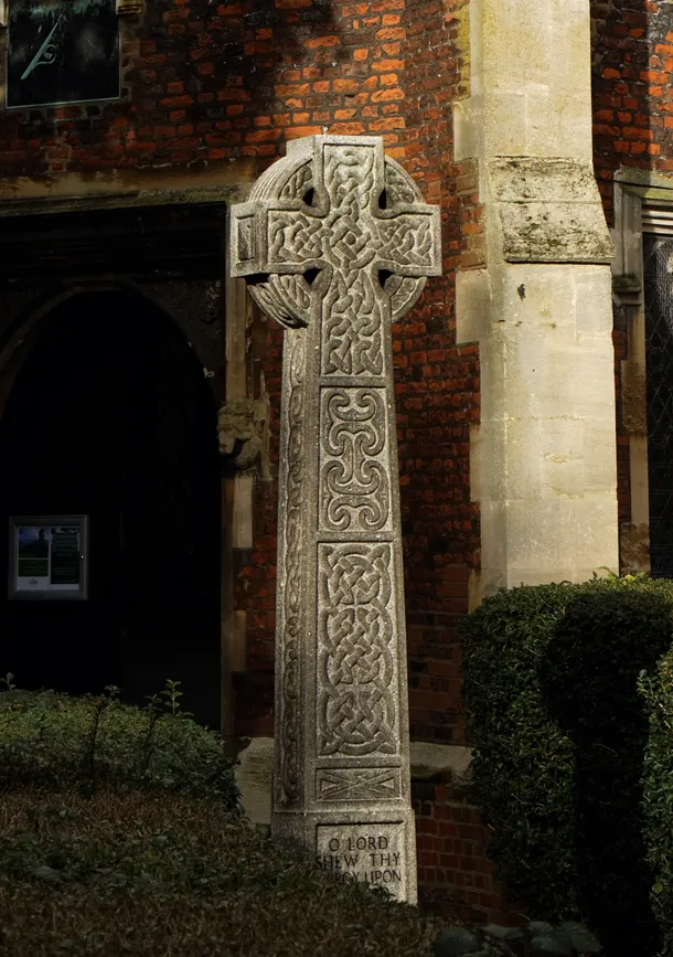 The south-east of the porch and tower from the churchyard of All Hallows' parish church, Tottenham, Haringey, London.Camera: Canon EOS 6D with Canon EF 24-105mm F4L IS USM lens.Software: large RAW file lens-corrected optimized and downsized with DxO OpticsPro 10 Elite, Viewpoint 2, and Adobe Photoshop CS2.