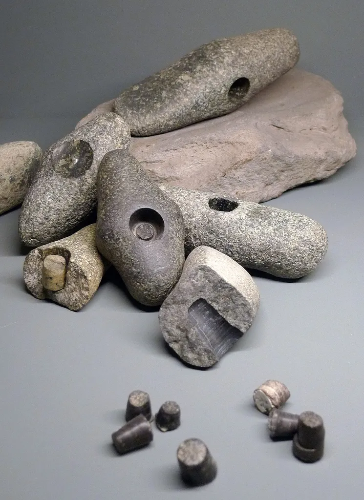 A stone axe in the second of various stages of manufacture. The stone heads are from the Neolithic settlement of Vinelz on Lake Biel, Switzerland, c. 2700 BC.