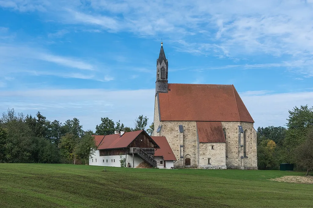 The pilgrimage church of St. Blasien, municipality Adlwang, is a gothic hall church. It has a one nave longhouse with 2½ bays, a ribbed vault and a polygonal apse. The windows are with open tracery. The portals in south and west are of neo-gothic origin. The belfry is a wooden flèche. The knights of Rohr let erect this church in 1348. The interior was made around 1700. The remarkable high altar was created in 1715 by the sculptor of the monastery Kremsmünster. The altarpiece shows St. Blaise according to his legend with the wife whose pig he had saved. The paintings of the church were made by a local painter. Remarkable is also the ornamental iron reinforcement of the door from the nave to the sacristy.