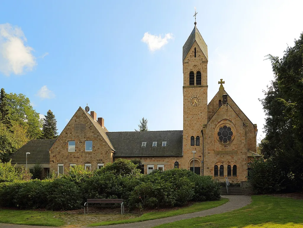 The Protestant Church of Peace (Evangelische Friedenskirche) in Hörstel, Kreis Steinfurt, North Rhine-Westphalia, Germany. This sandstone church, 2 Harkenberg Street (Harkenbergstraße 2), is a listed cultural heritage monument.