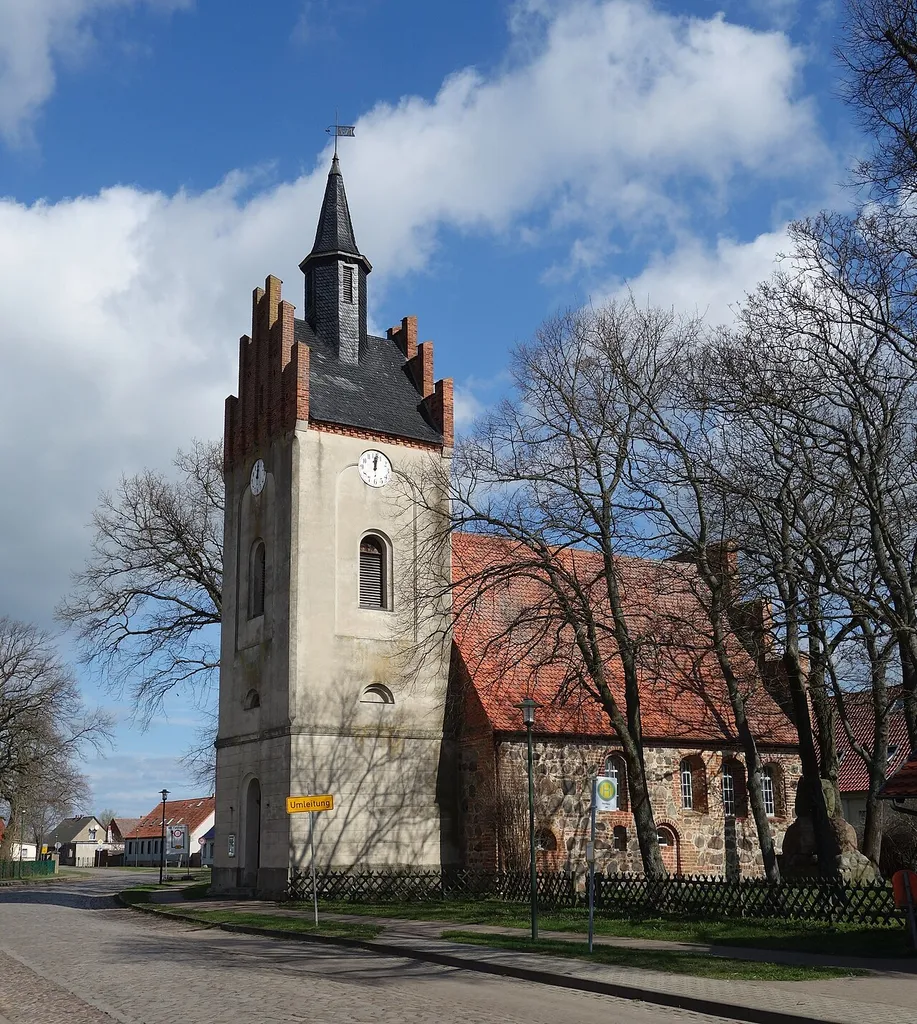 South-south-western view of the church in Dechtow , Fehrbellin municipality , Ostprignitz-Ruppin district, Brandenburg state, Germany.