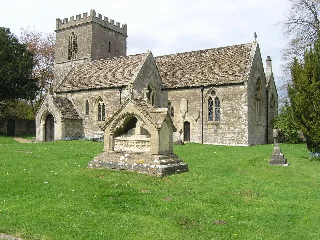 Parish church of St John the Baptist, Hinton Charterhouse, Somerset, seen from the southeast. In the foreground is the chest tomb of Thomas Marlbro, who died in 1853.